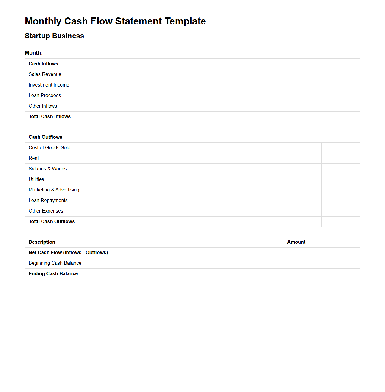 Monthly Cash Flow Statement Template for Startup Businesses