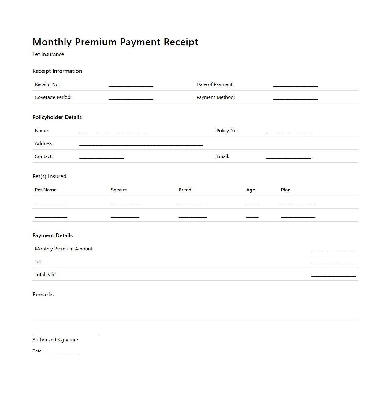 Monthly Premium Payment Receipt for Pet Insurance