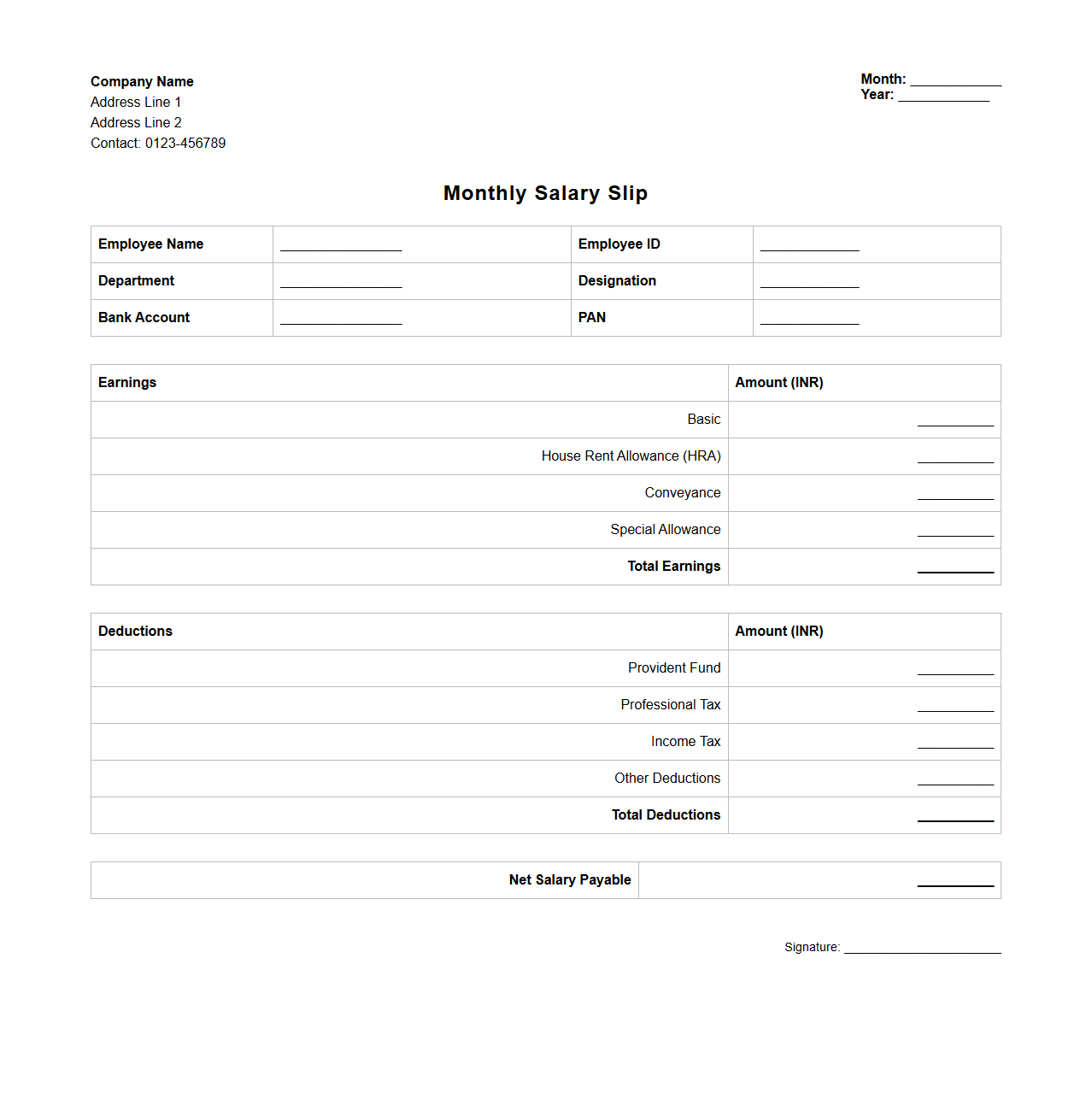 Monthly Salary Slip Sample