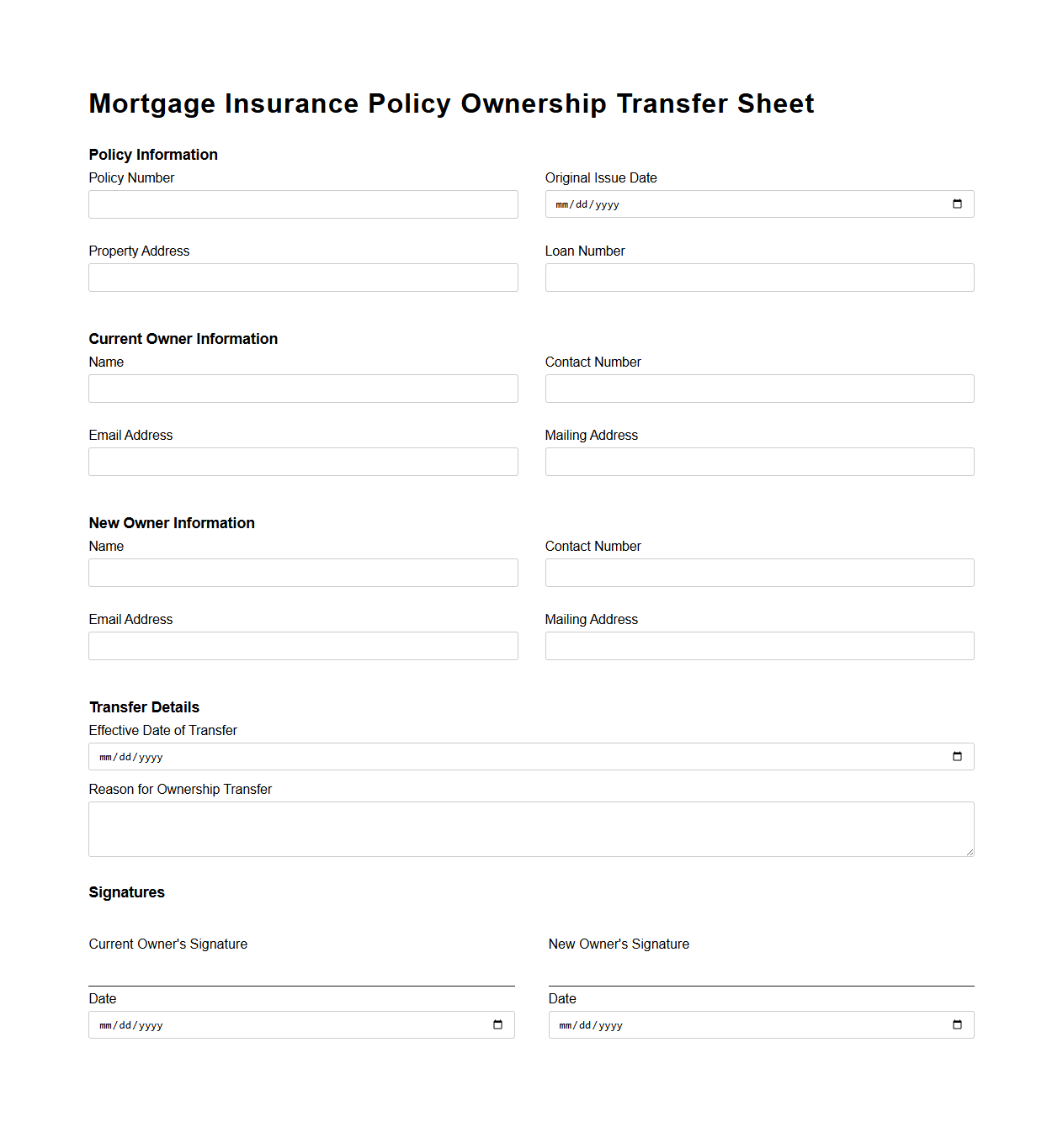 Mortgage Insurance Policy Ownership Transfer Sheet