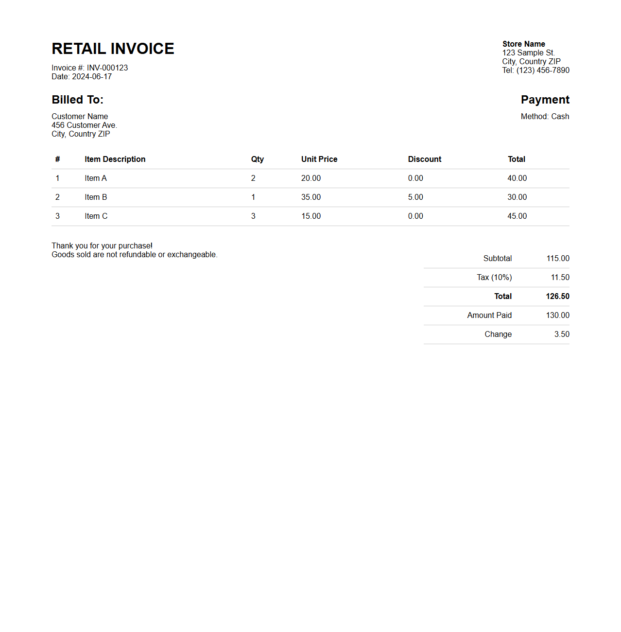 Multi-Item Retail Transaction Invoice