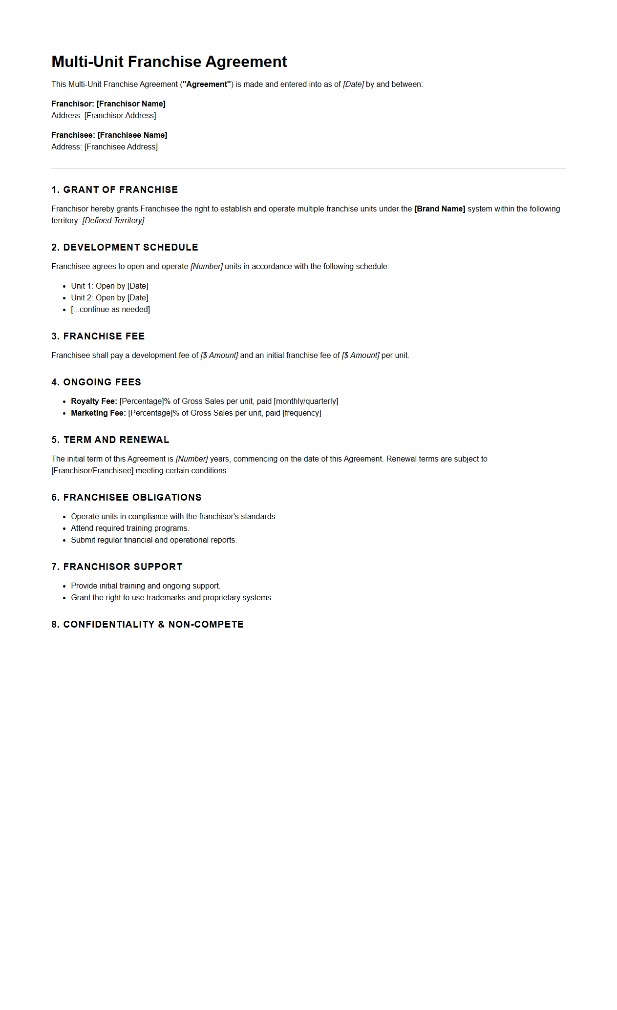 Multi-Unit Franchise Agreement Format for Rapid Growth