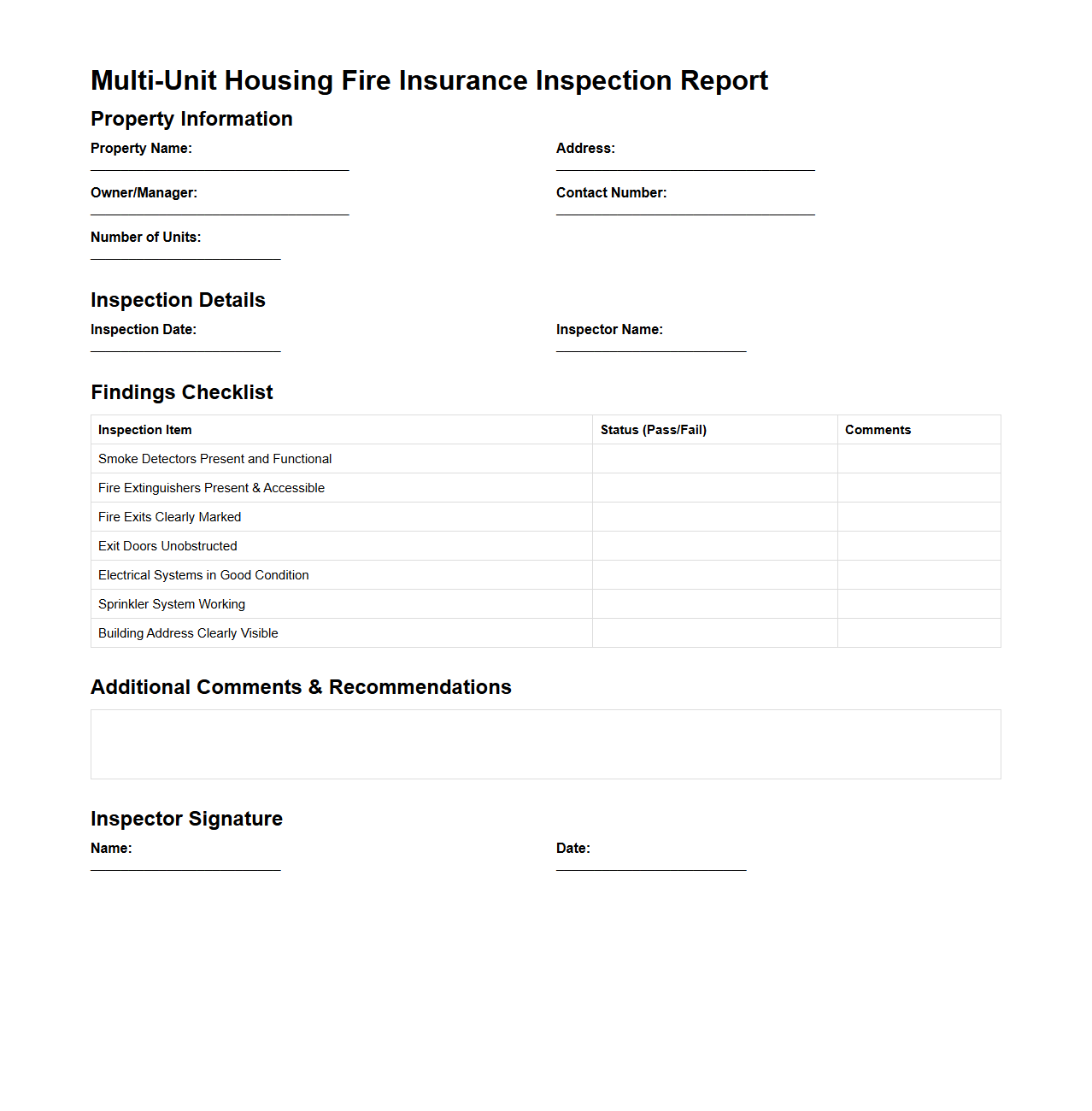 Multi-Unit Housing Fire Insurance Inspection Report Sample
