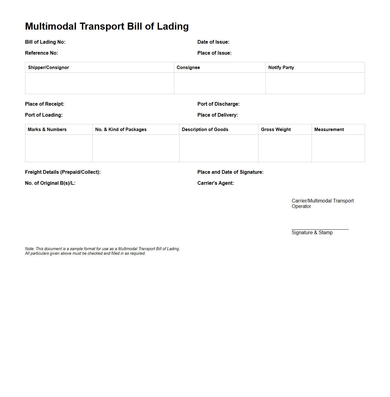 Multimodal Transport Bill of Lading Format