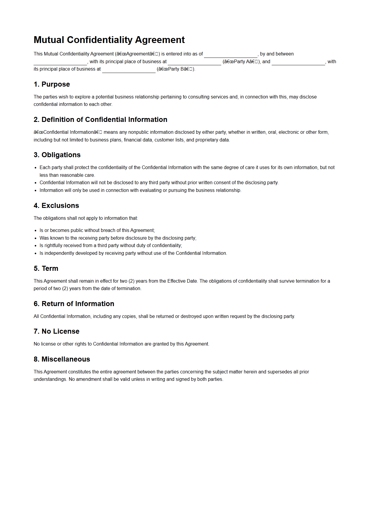 Mutual Confidentiality Agreement for Business Consultants