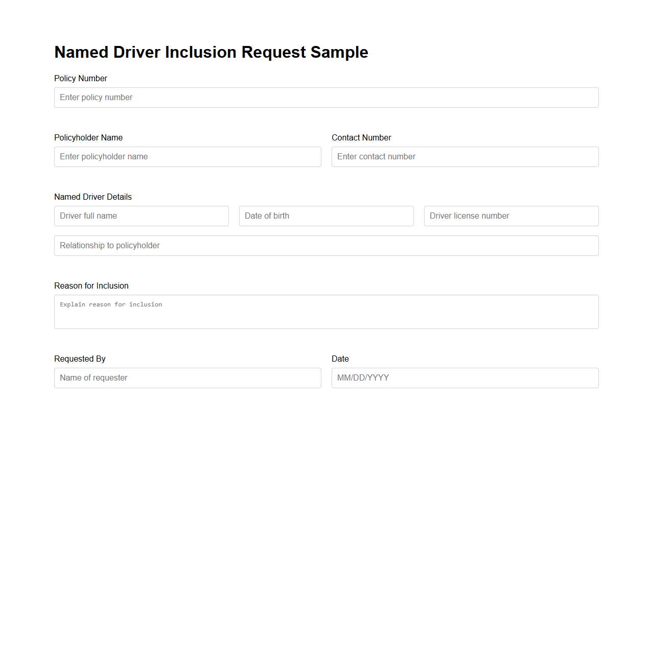 Named Driver Inclusion Request Sample