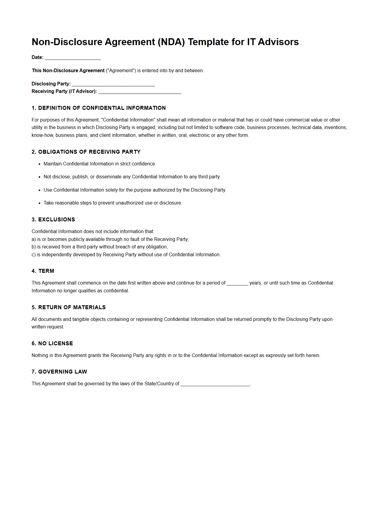 Non-Disclosure Agreement Template for IT Advisors