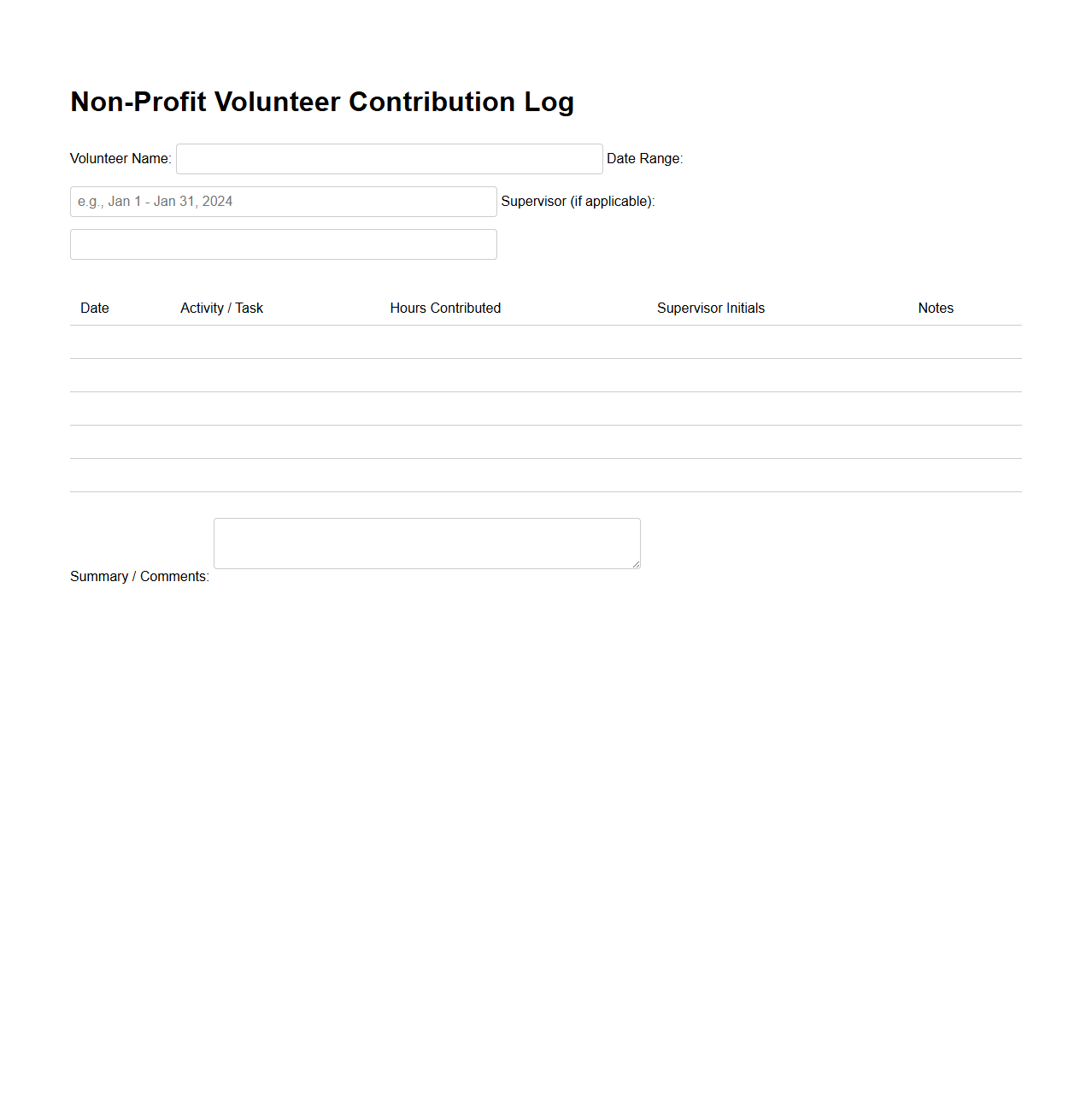 Non-Profit Volunteer Contribution Log