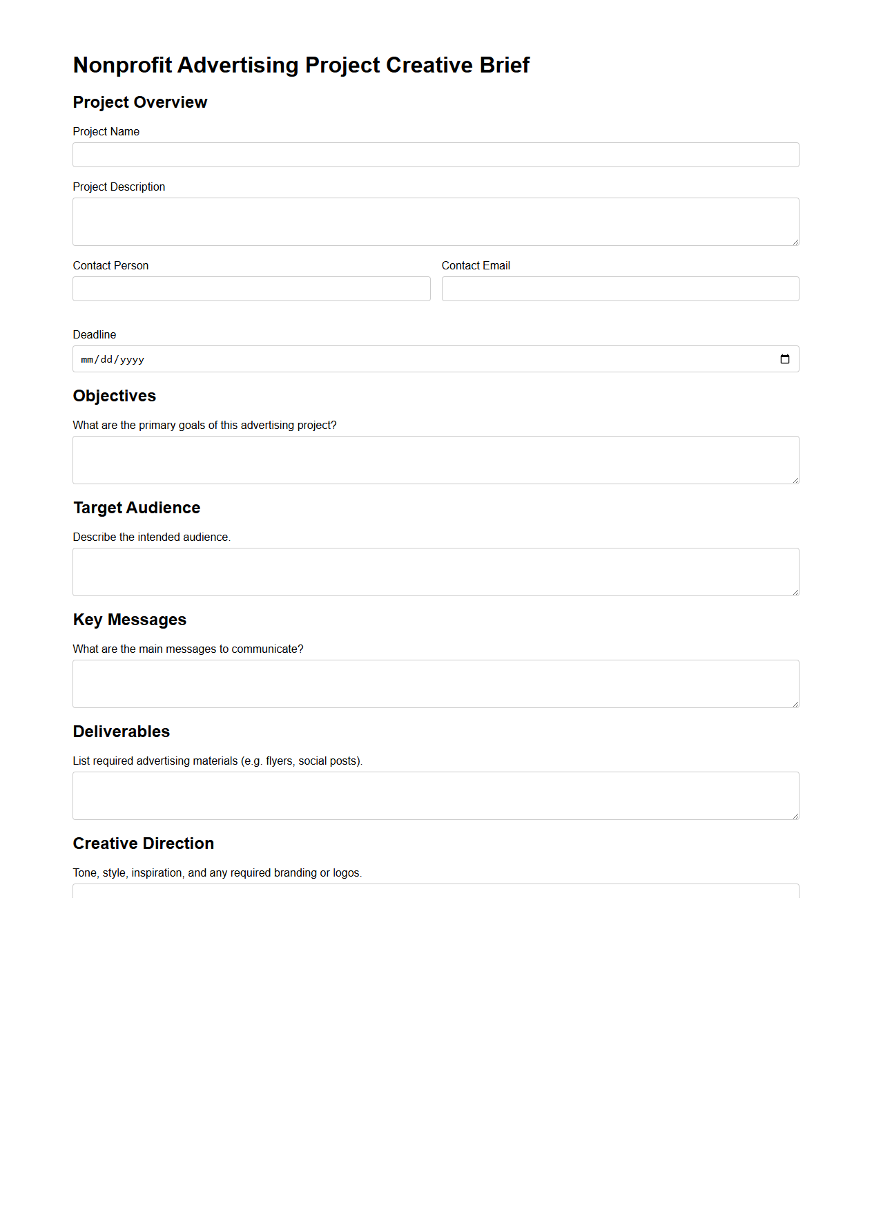 Nonprofit Advertising Project Creative Brief Form
