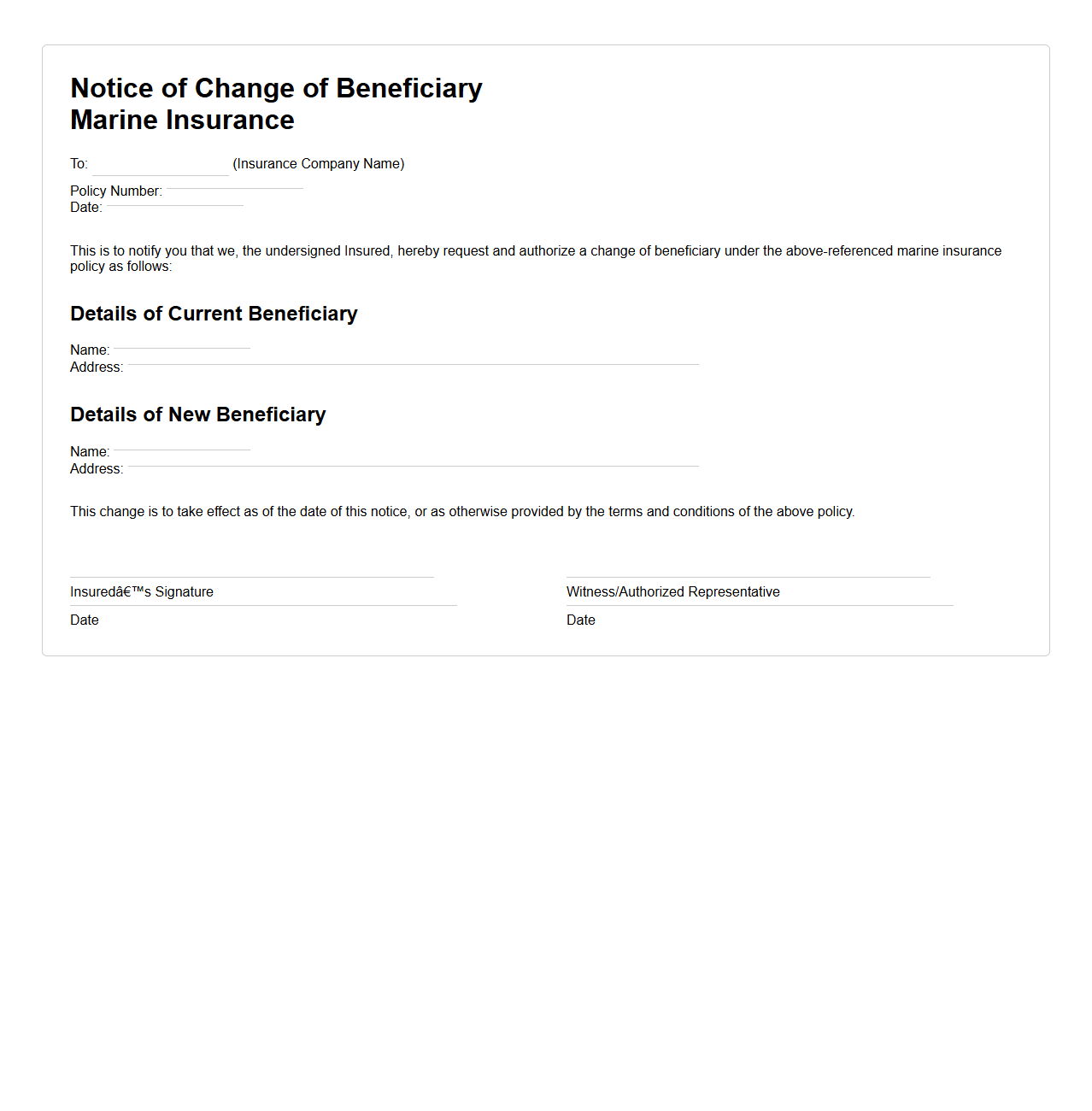Notice of Change of Beneficiary in Marine Insurance