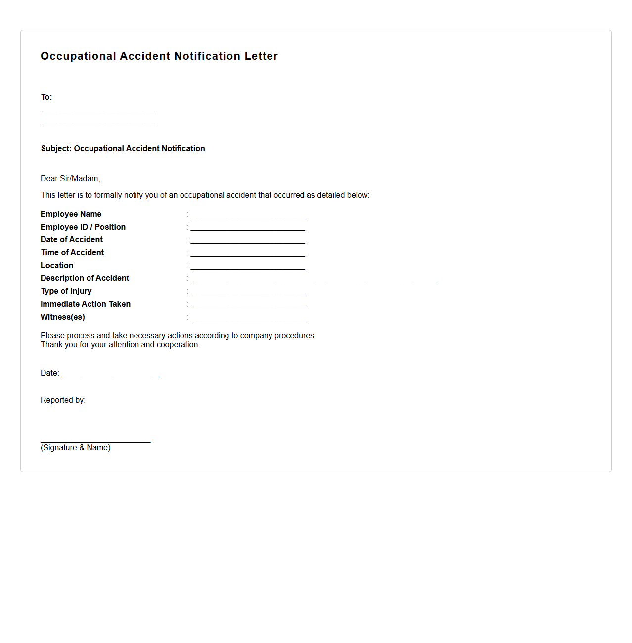 Occupational Accident Notification Letter