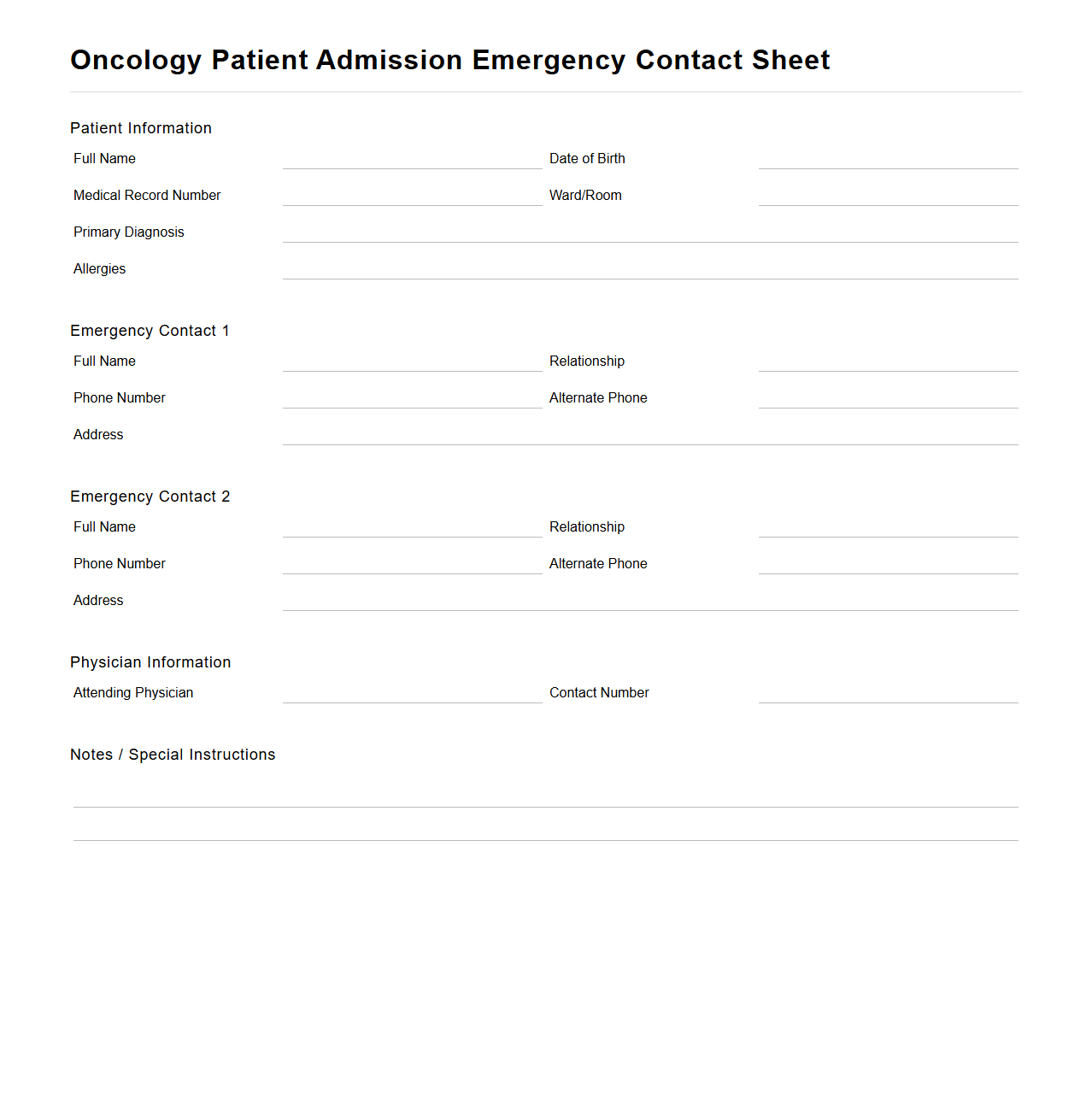 Oncology Patient Admission Emergency Contact Sheet