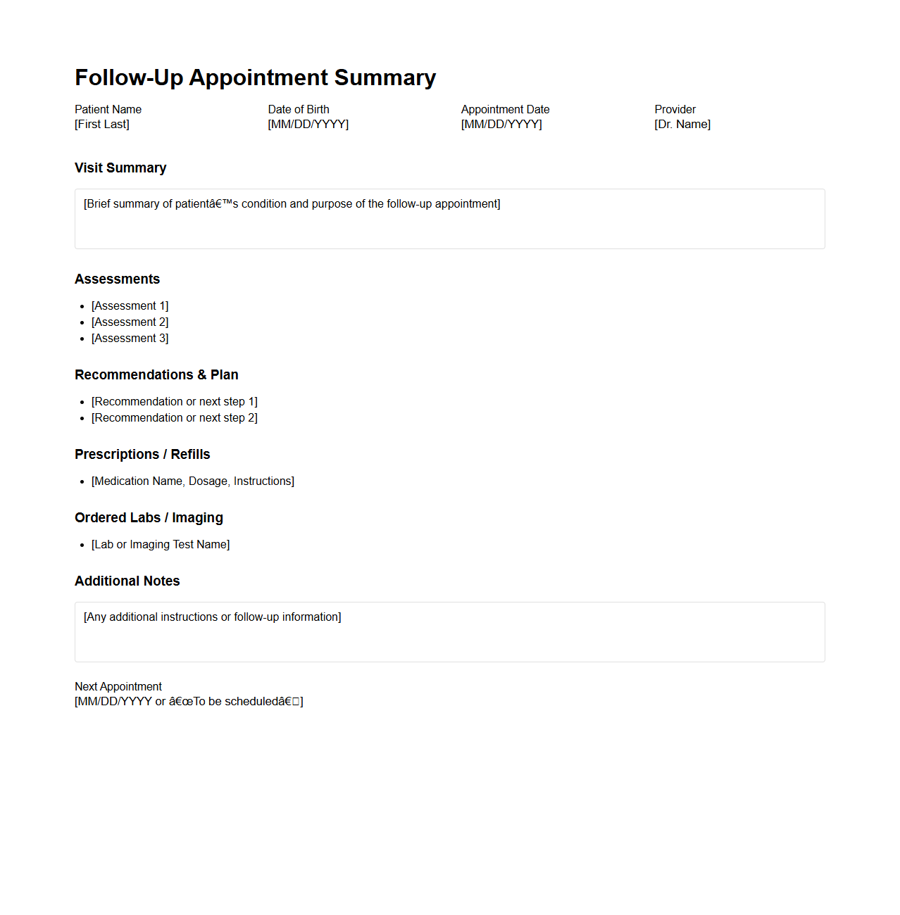Online Follow-Up Appointment Summary Sample