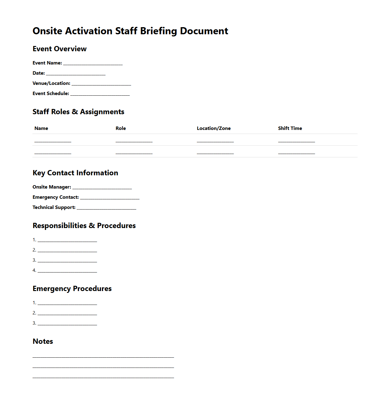 Onsite Activation Staff Briefing Document