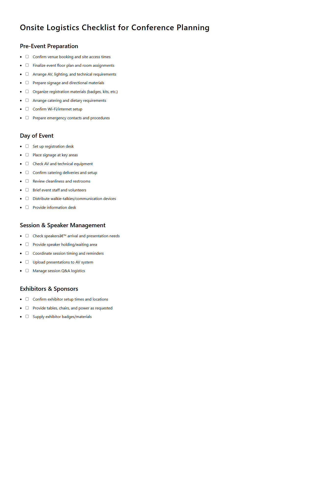 Onsite Logistics Checklist for Conference Planning