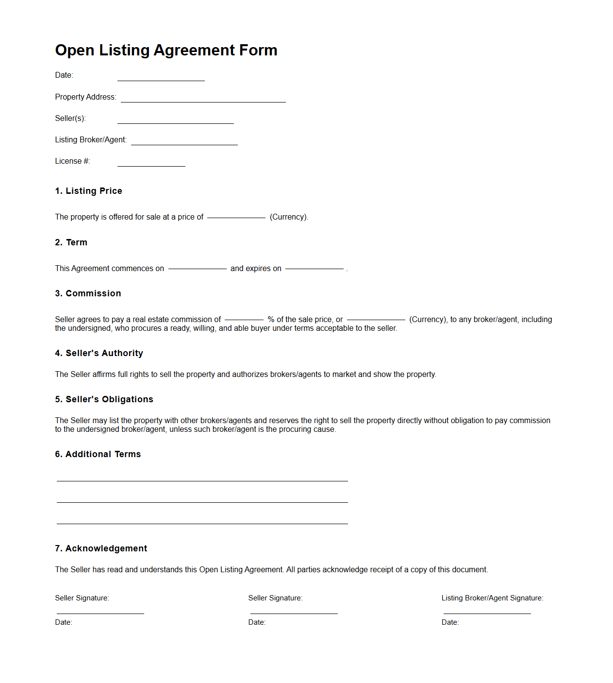 Open Listing Agreement Form for Real Estate