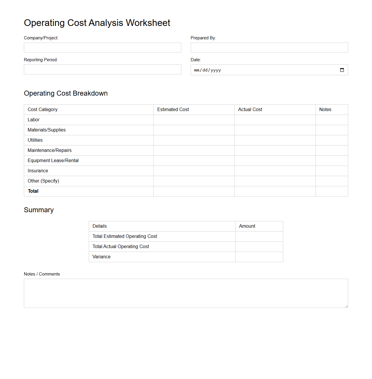 Operating Cost Analysis Worksheet