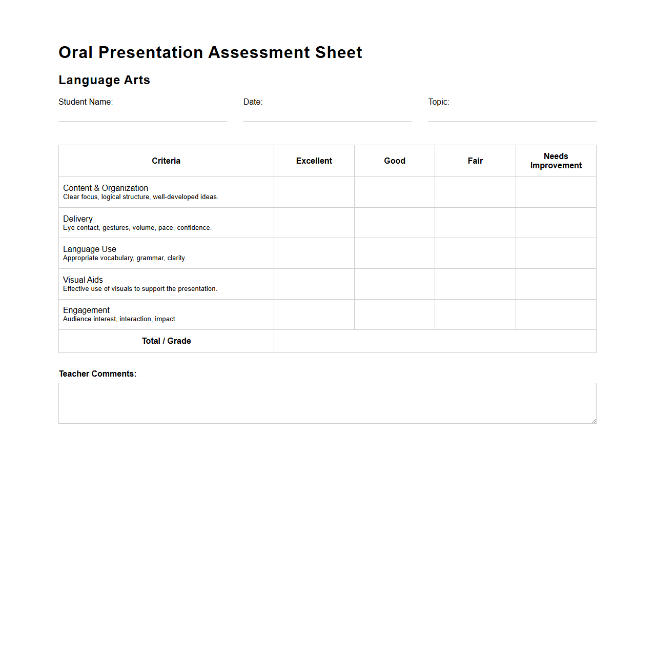 Oral Presentation Assessment Sheet for Language Arts