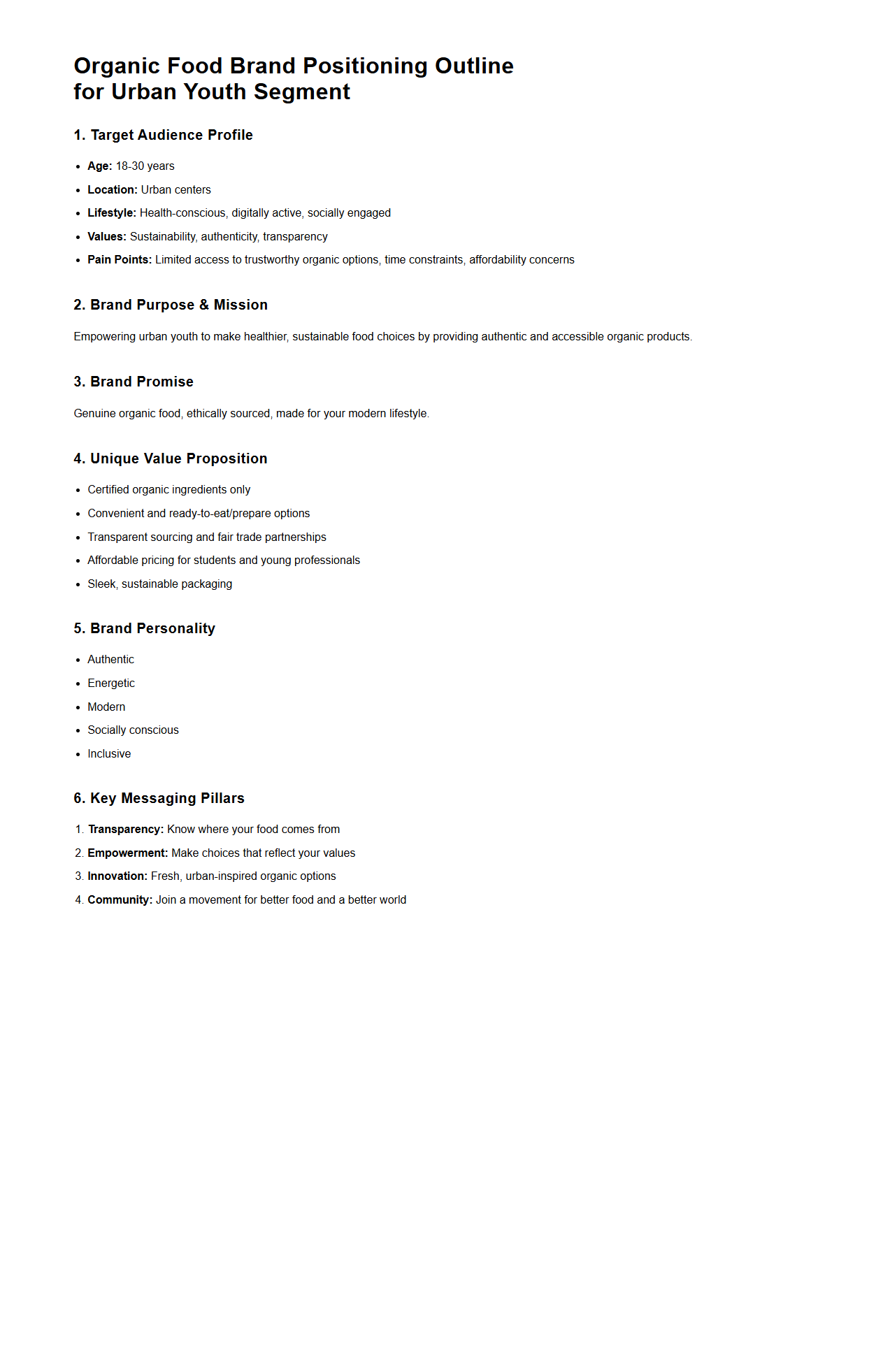 Organic Food Brand Positioning Outline for Urban Youth Segment