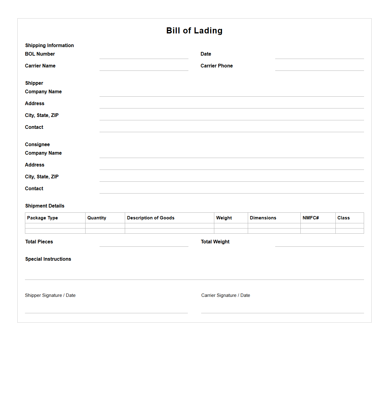 Outbound Logistics Bill of Lading Document Sample for Shipments