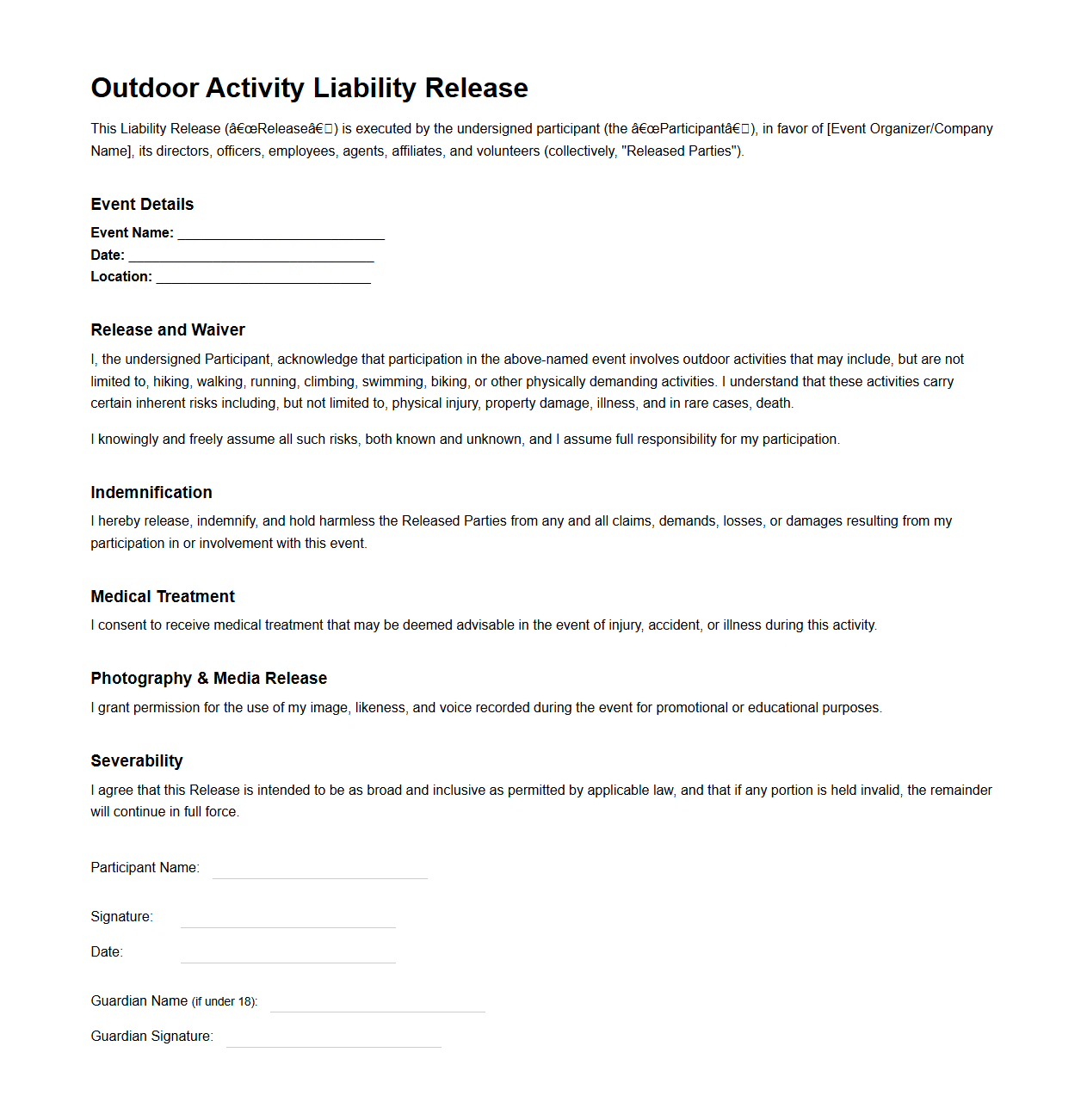 Outdoor Activity Liability Release Template for Event Management