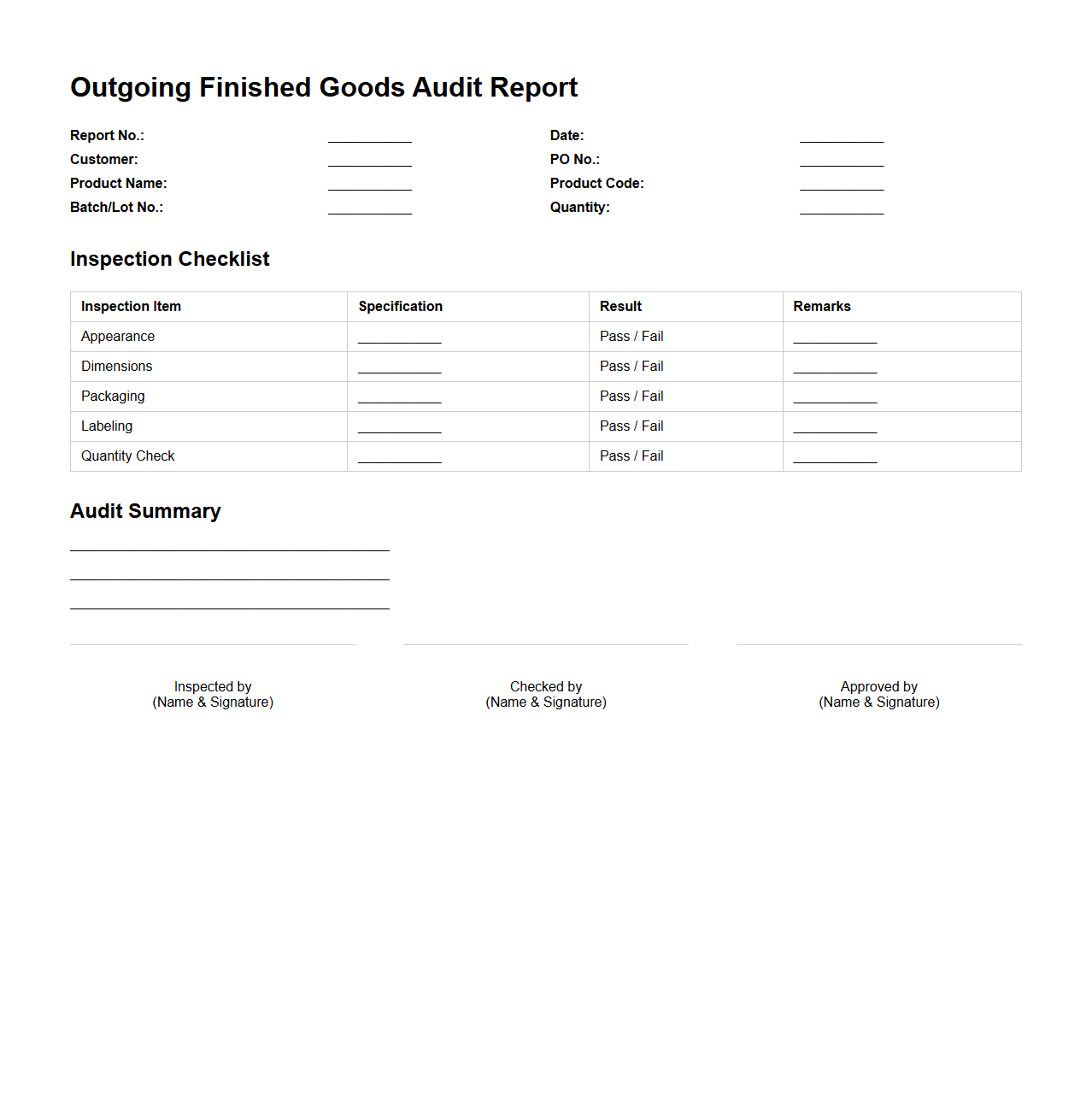 Outgoing Finished Goods Audit Report Sample