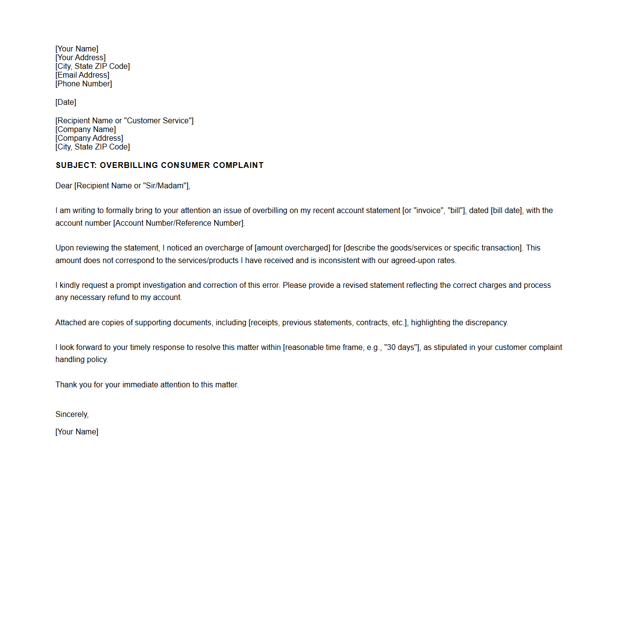 Overbilling Consumer Complaint Letter Example