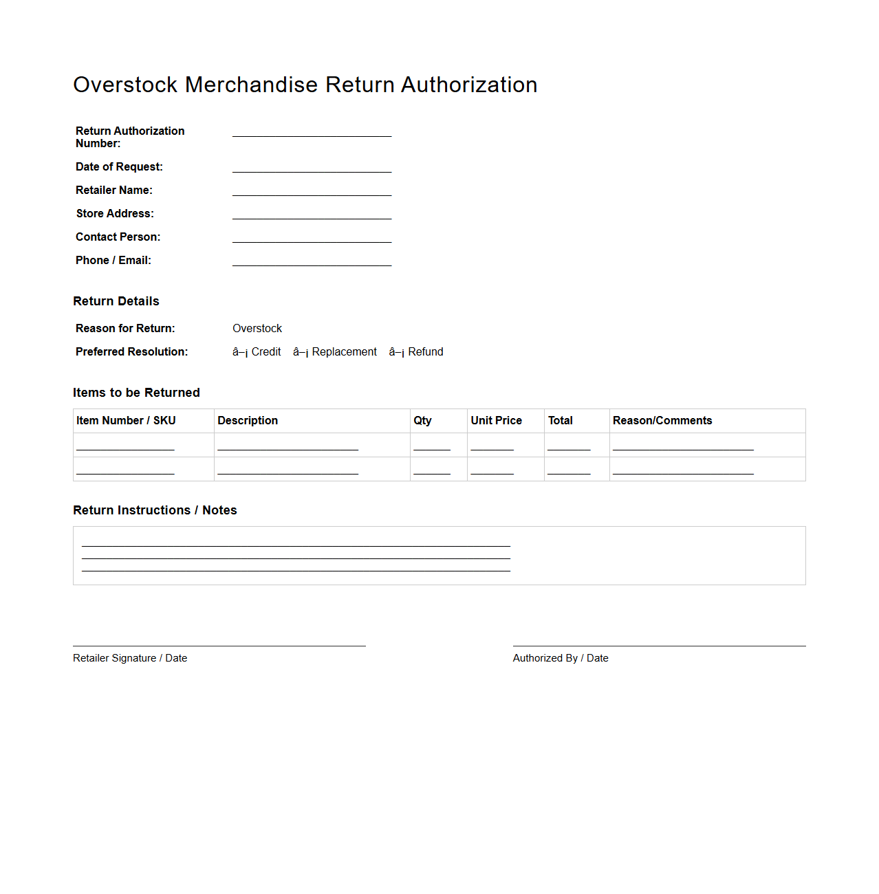 Overstock Merchandise Return Authorization Template for Retailer