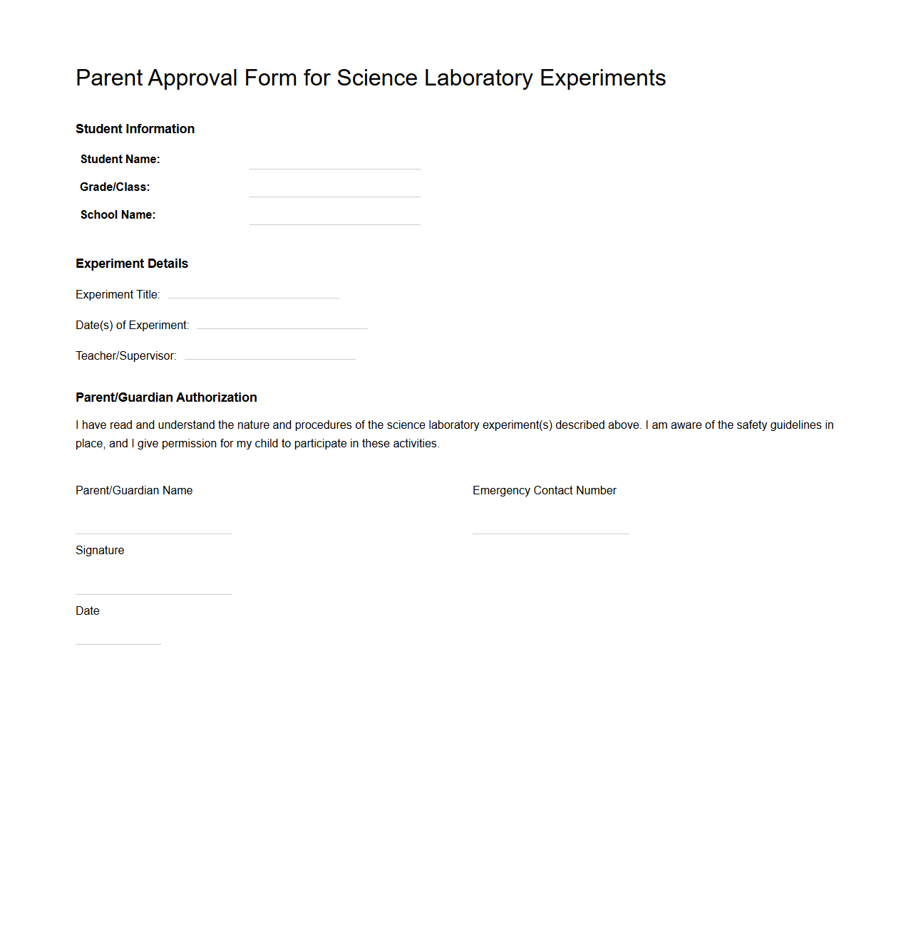 Parent Approval Form for Science Laboratory Experiments