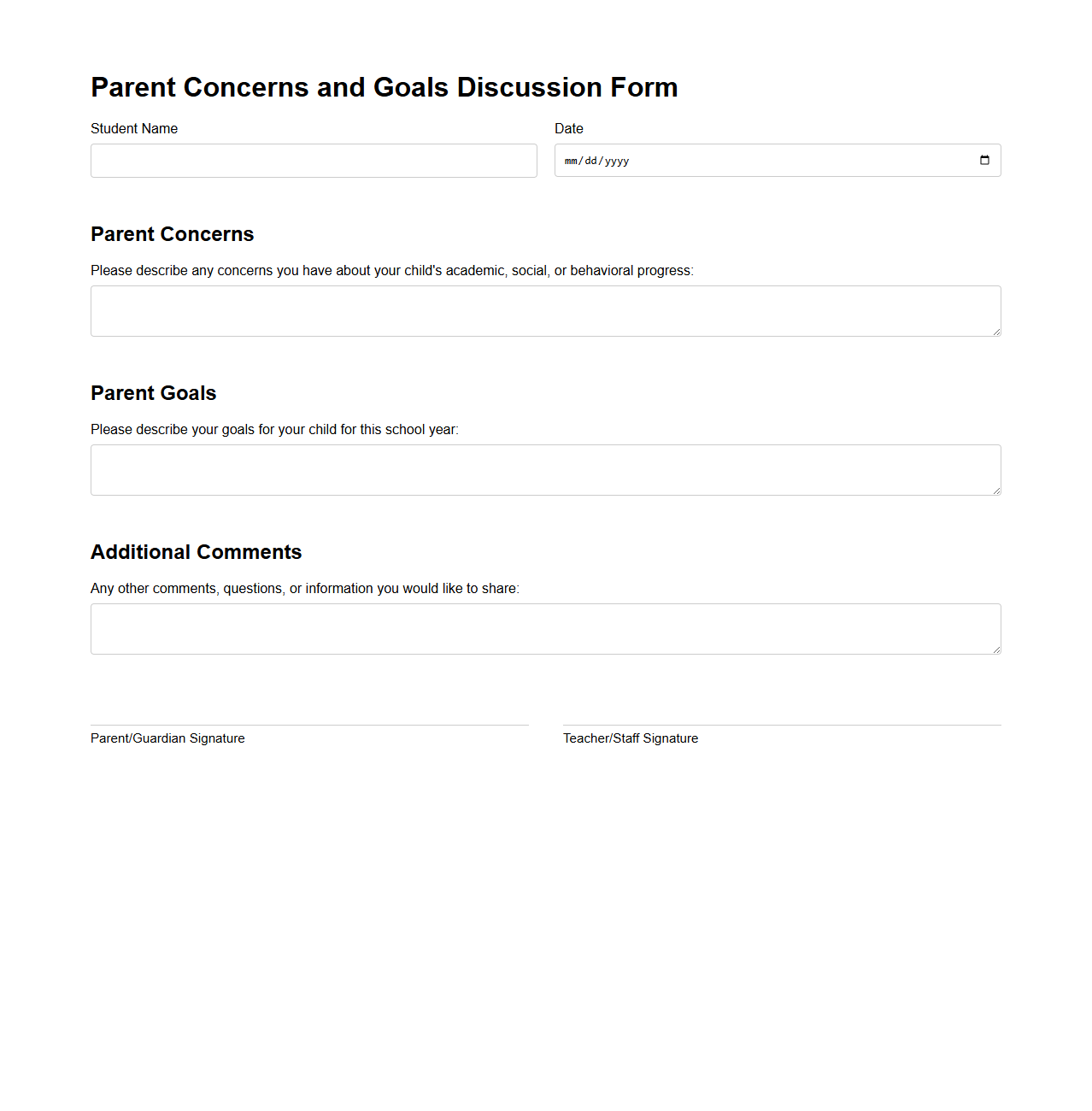 Parent Concerns and Goals Discussion Form