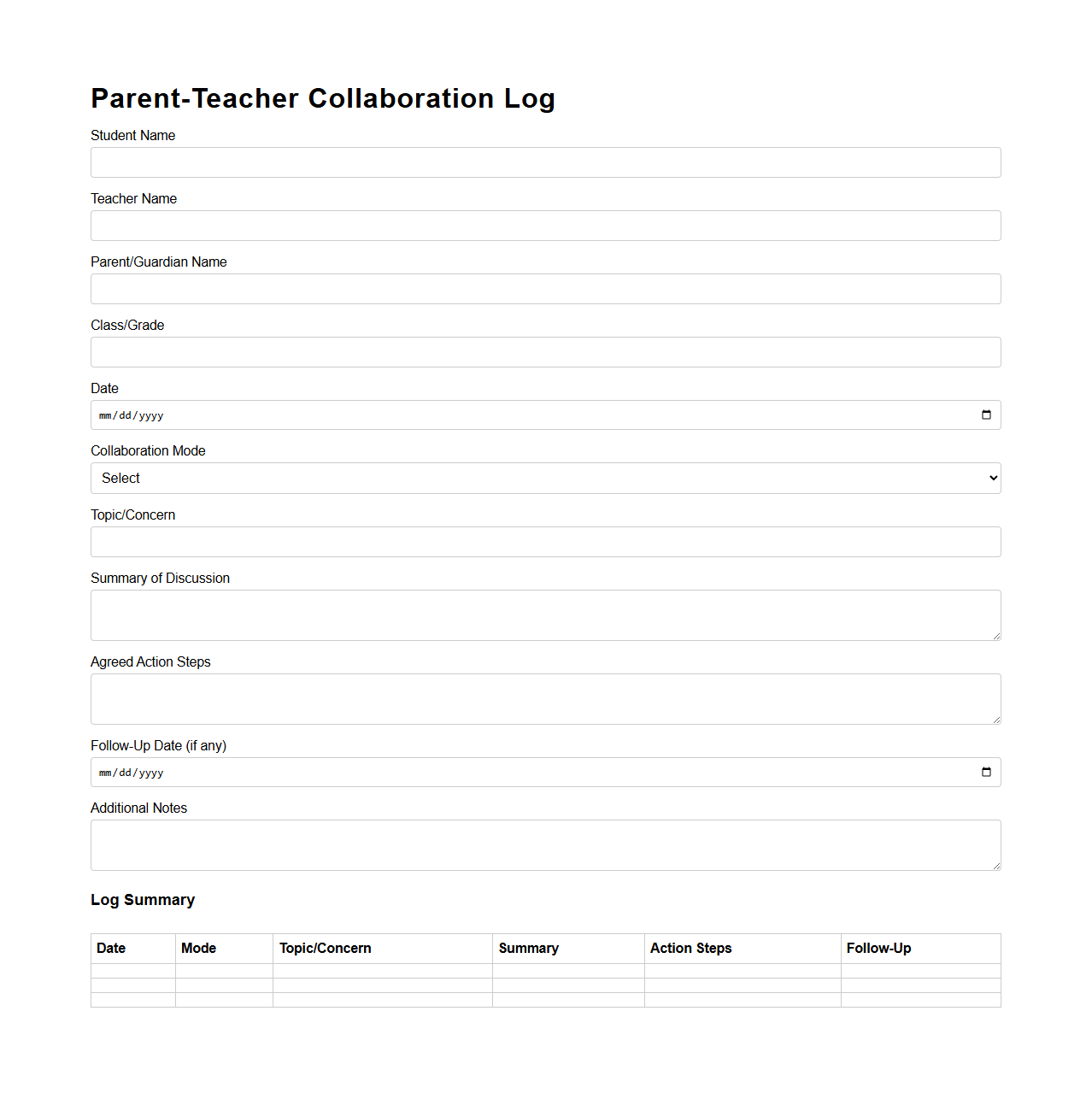 Parent-Teacher Collaboration Log