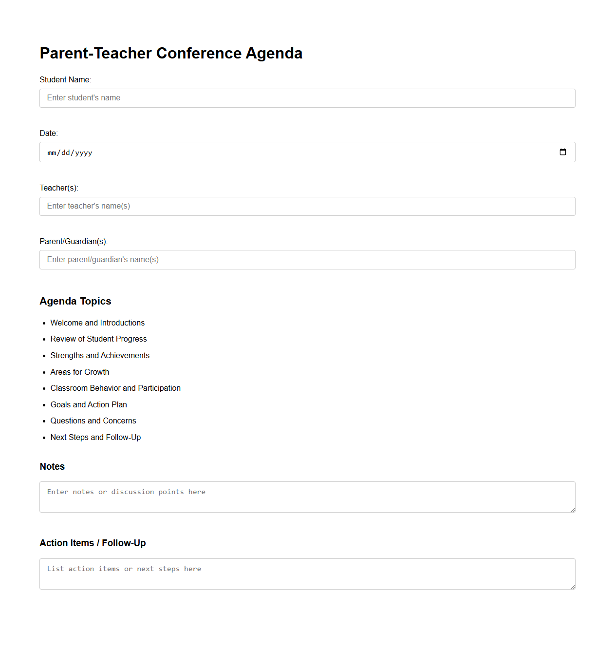 Parent-Teacher Conference Agenda Sample for Student Progress