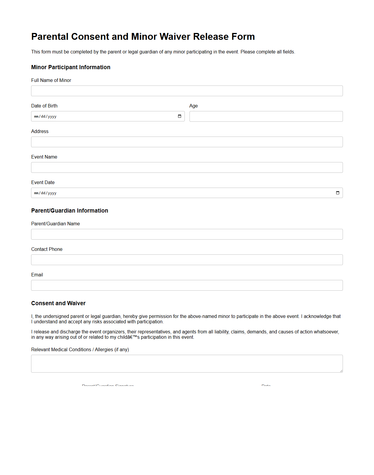Parental Consent and Minor Waiver Release Form for Events