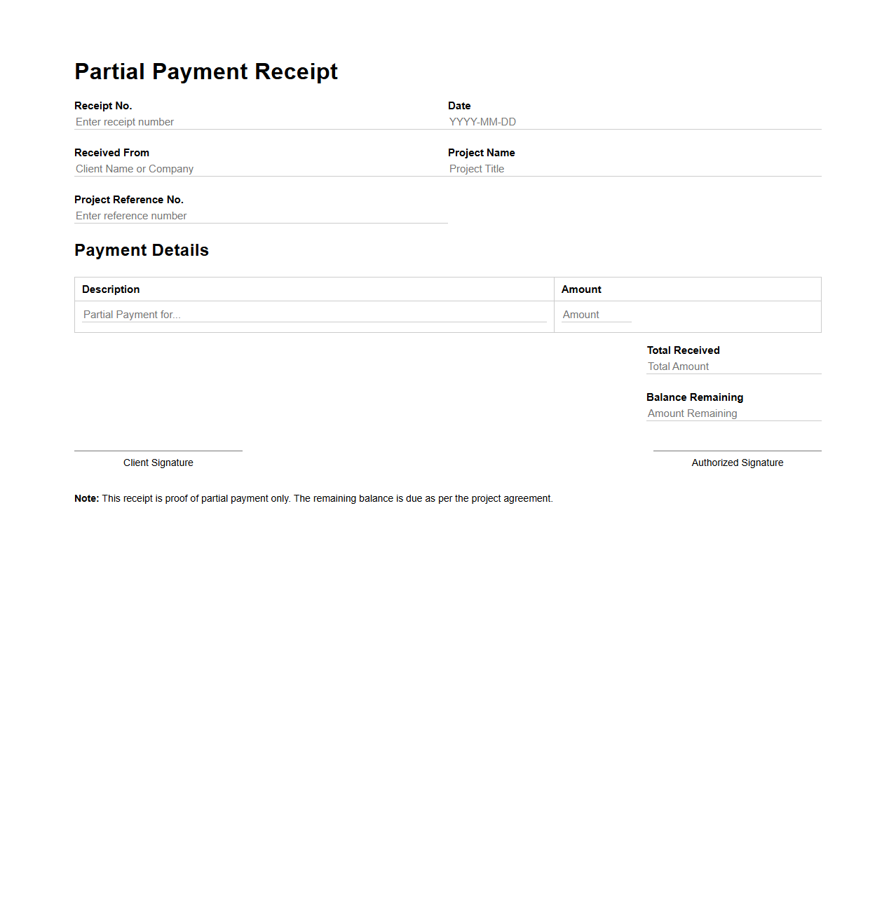 Partial Payment Receipt Template for Project Clients