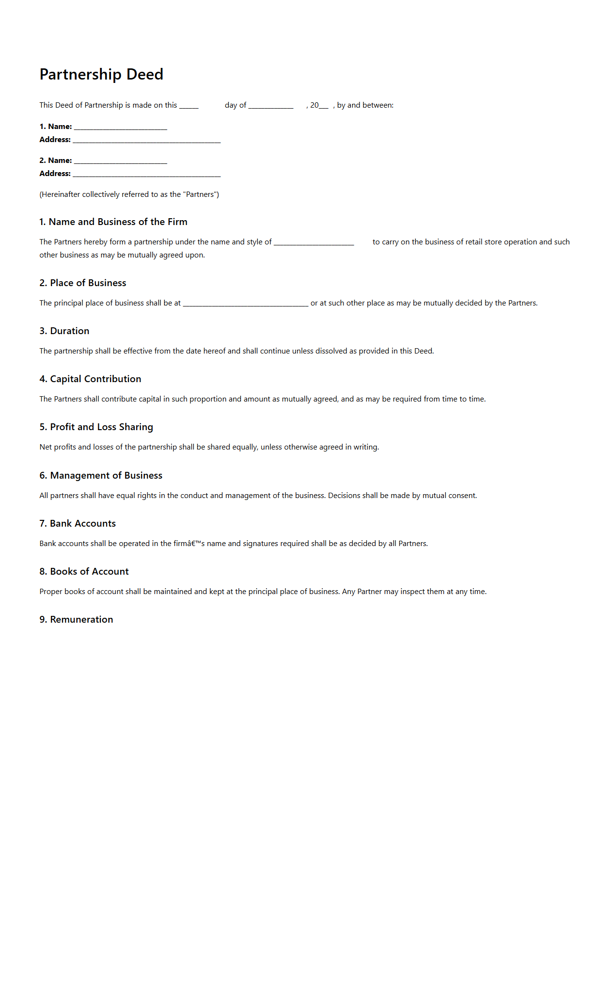 Partnership Deed for Retail Store Operation