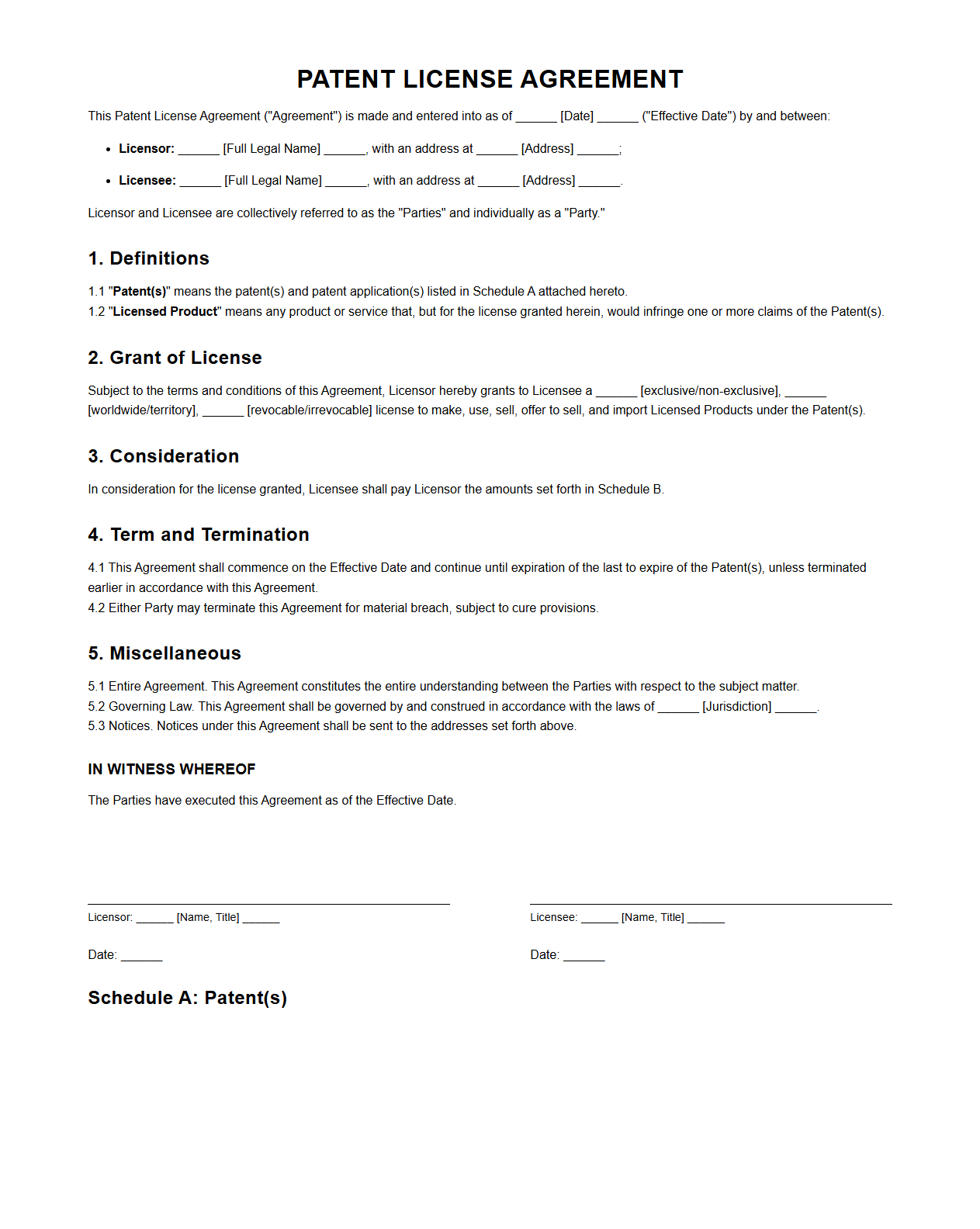 Patent License Agreement Template