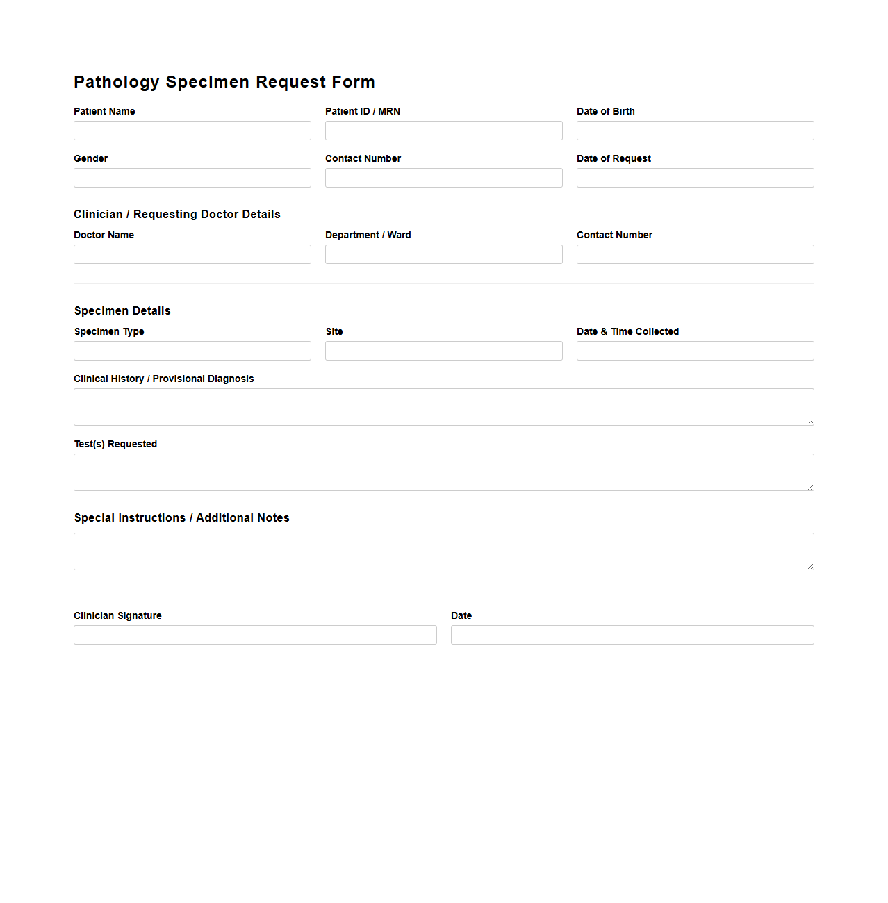 Pathology Specimen Request Document Sample