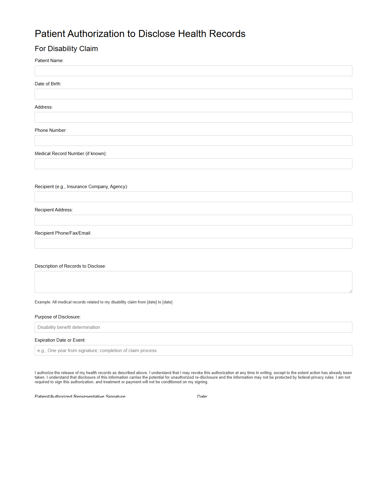 Patient Authorization to Disclose Health Records for Disability Claim