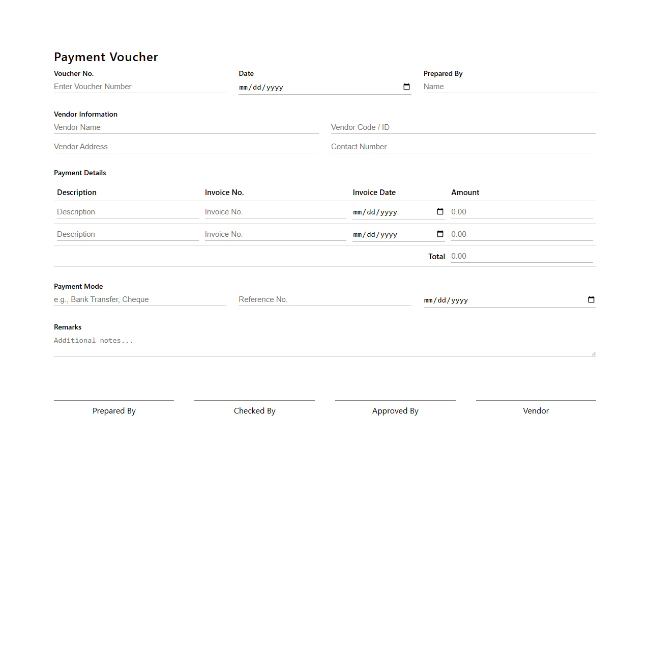 Payment Voucher Template for Vendor Settlement