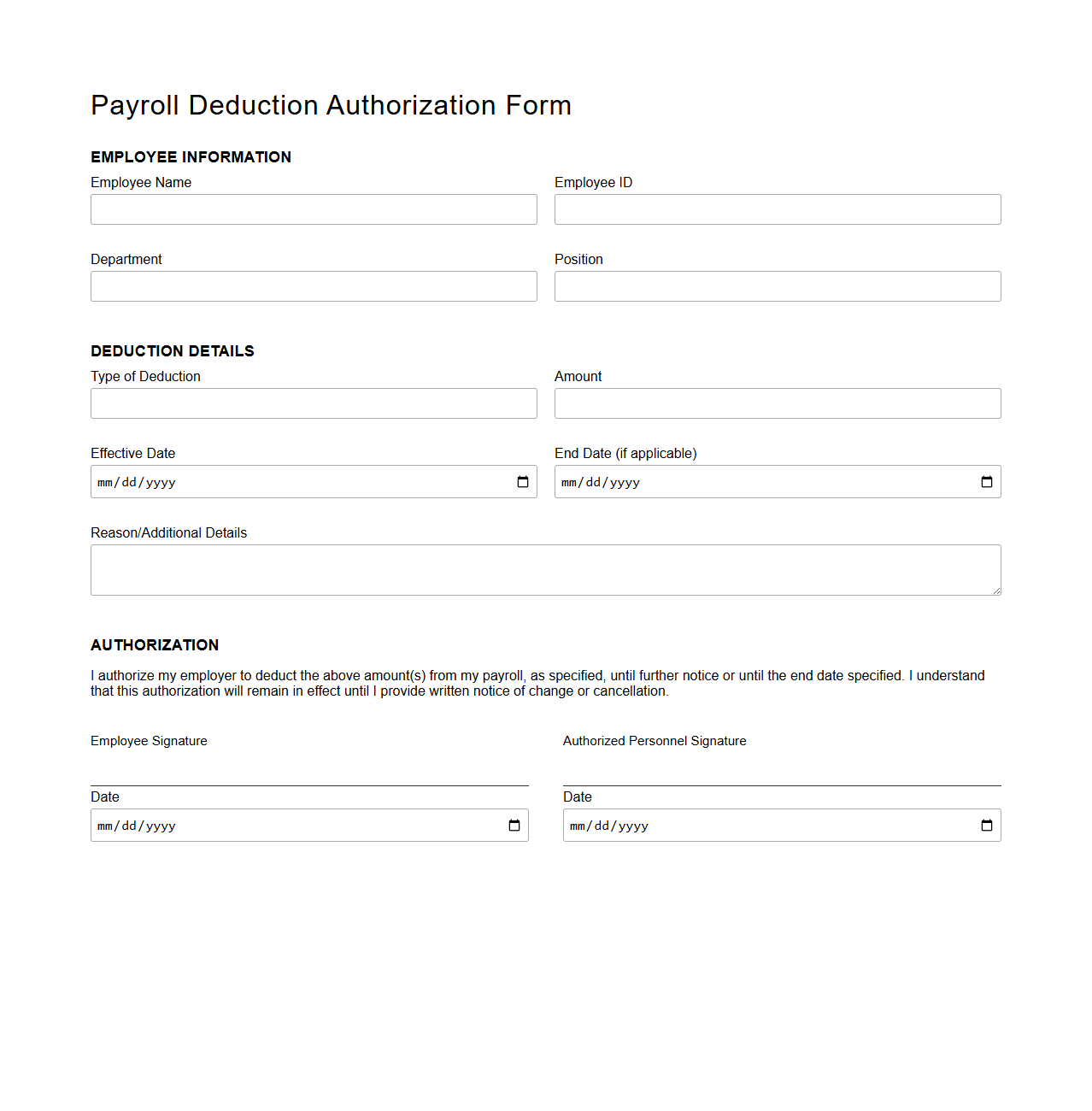 Payroll Deduction Authorization Form Sample
