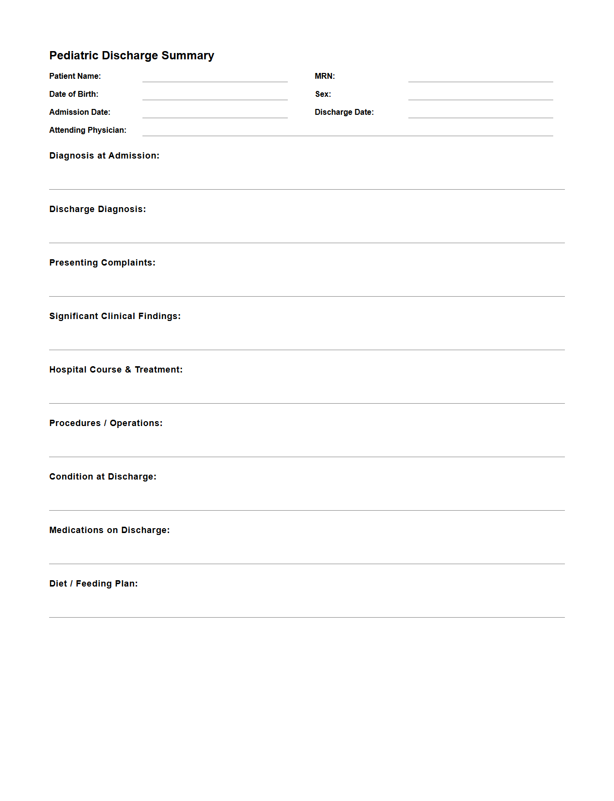 Pediatric Discharge Summary Template