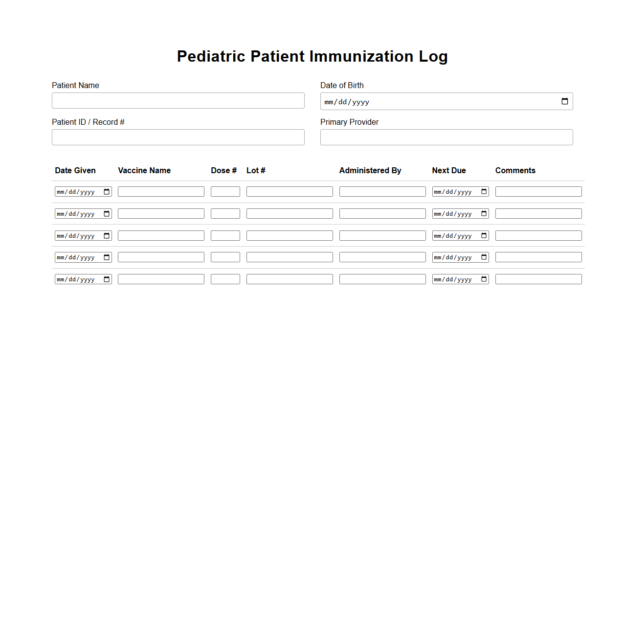 Pediatric Patient Immunization Log
