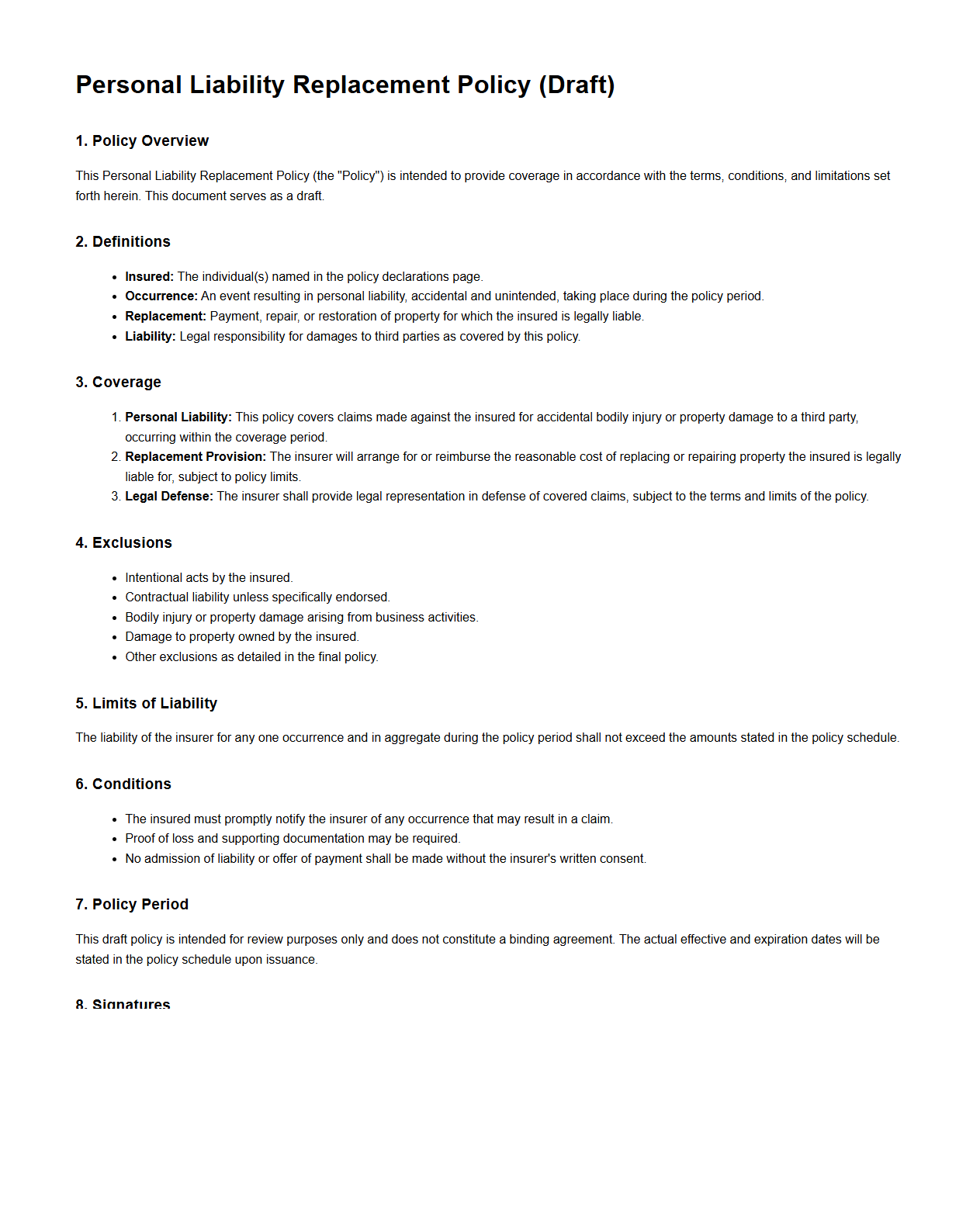 Personal Liability Replacement Policy Draft