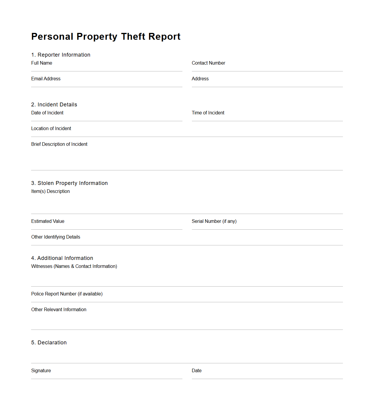 Personal Property Theft Report Sample