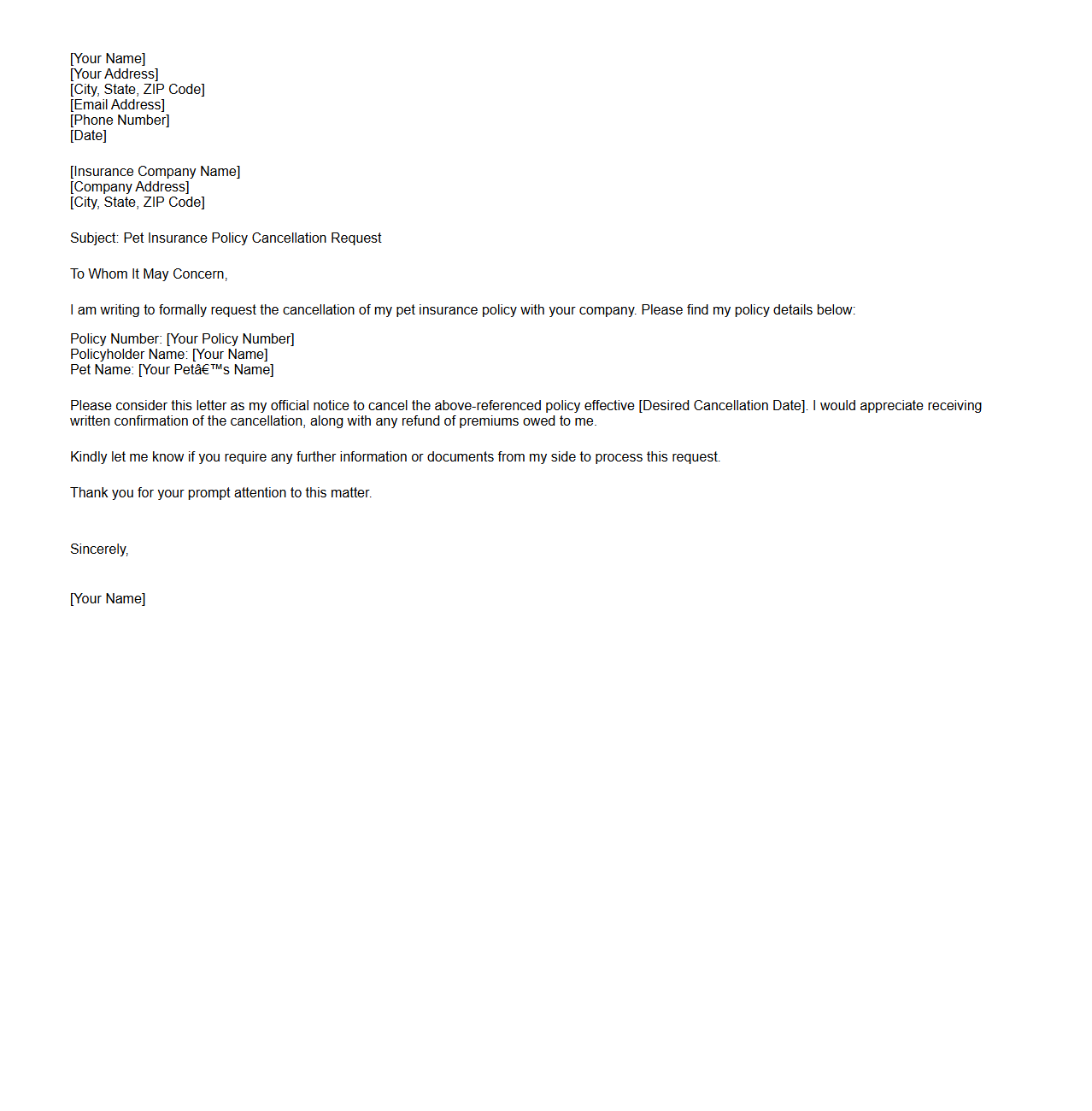 Pet Insurance Policy Cancellation Letter Template