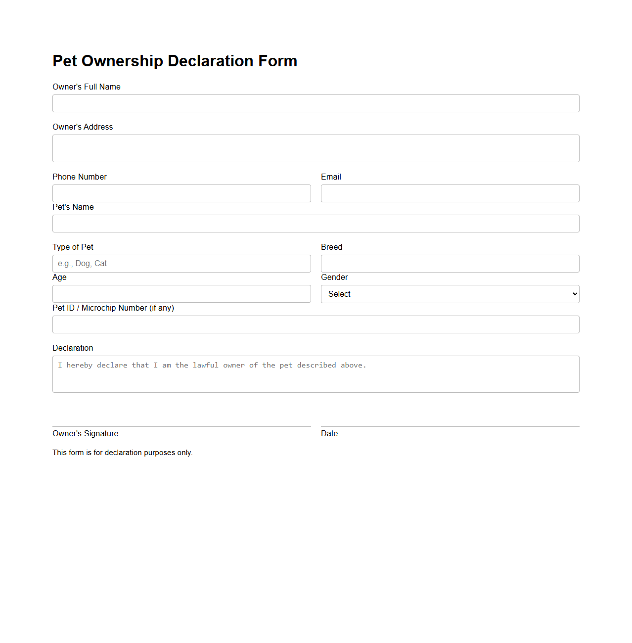 Pet Ownership Declaration Form