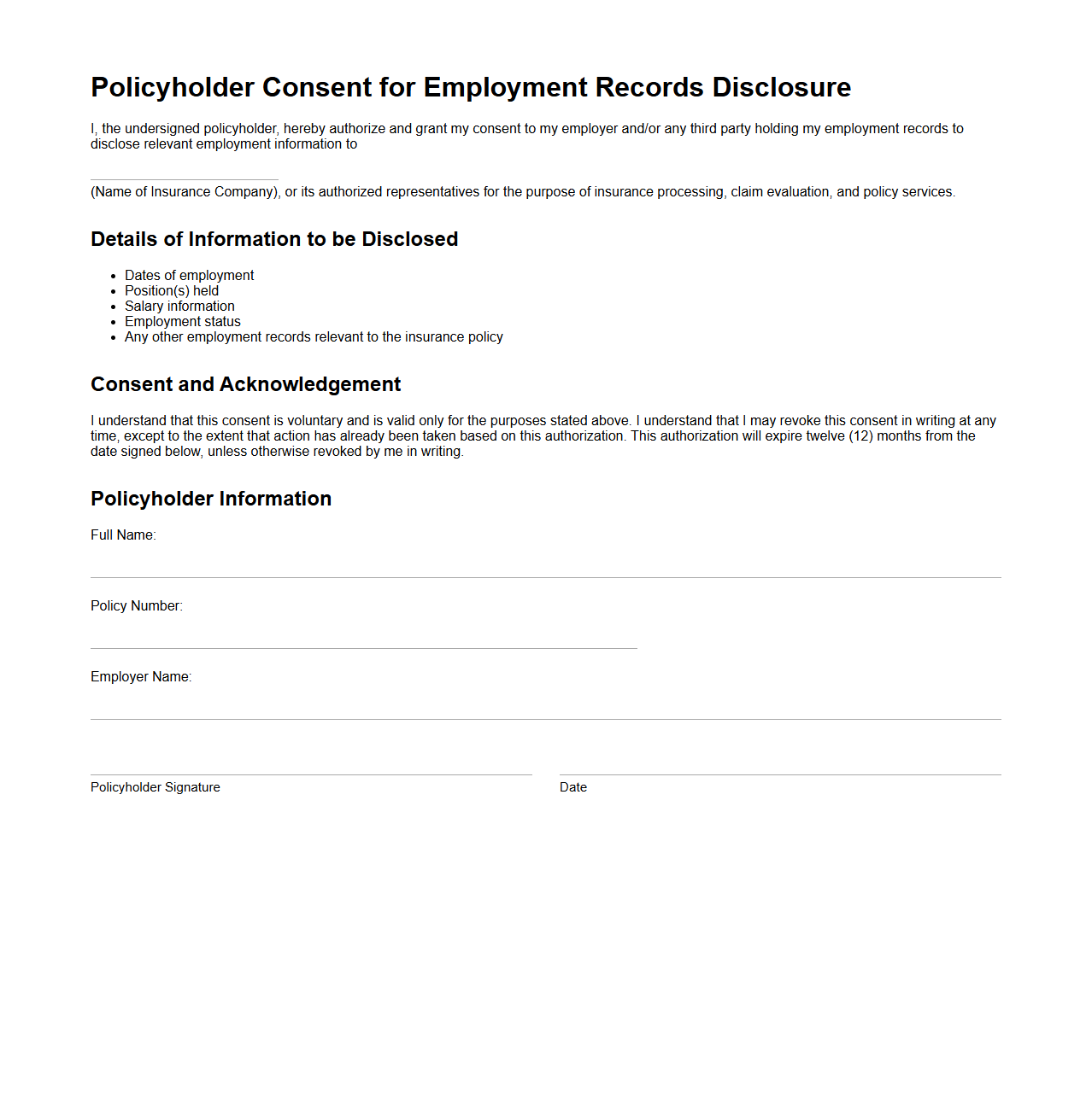 Policyholder Consent for Employment Records Disclosure