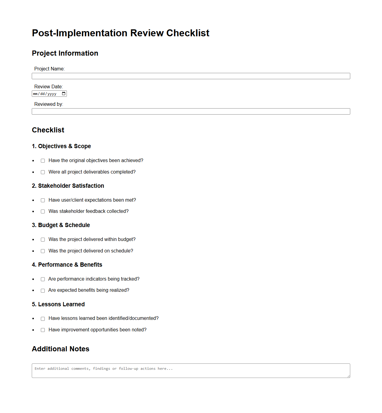 Post-Implementation Review Checklist