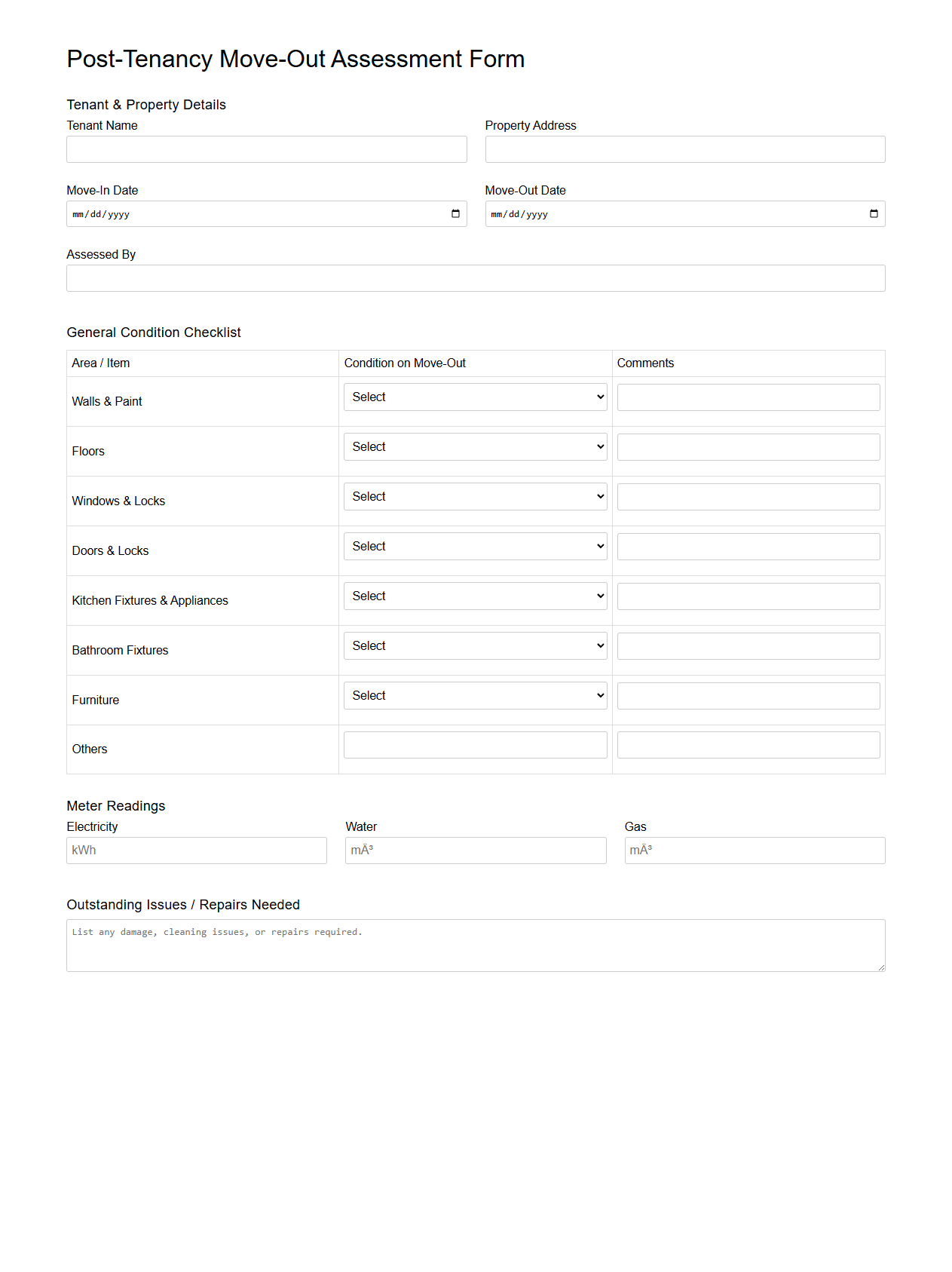 Post-Tenancy Move-Out Assessment Form