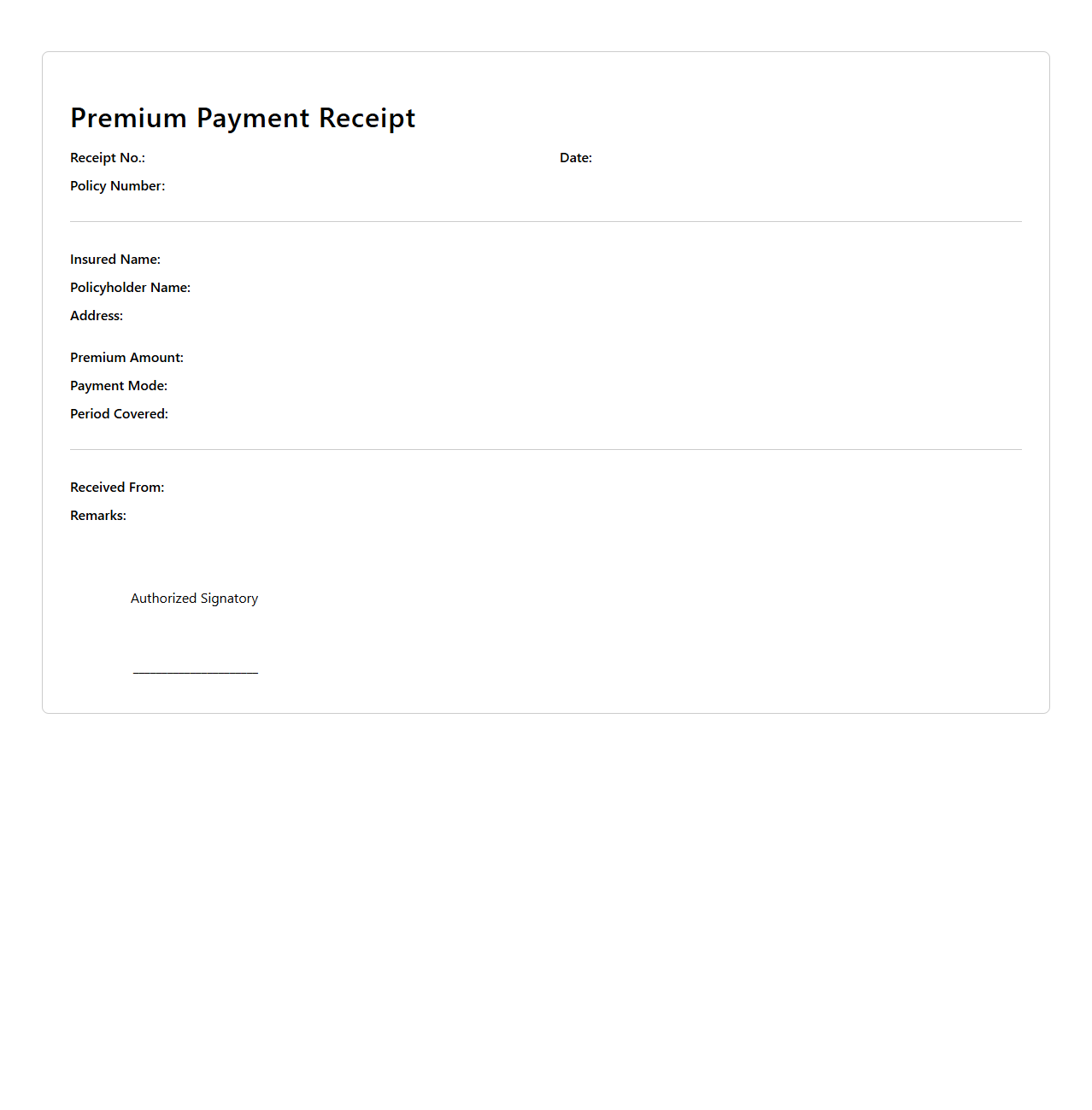 Premium Payment Receipt Example for Life Insurance Policy